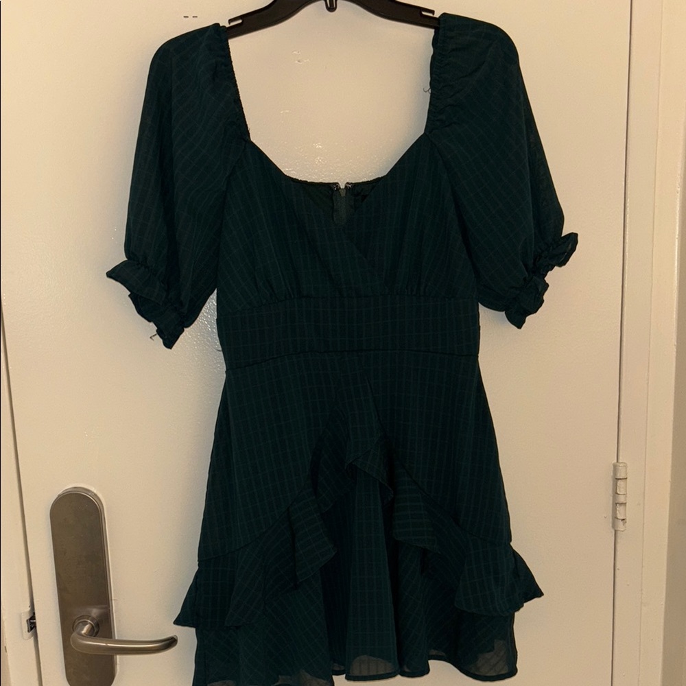 Dark Green Plaid Dress with Ruffle Hem